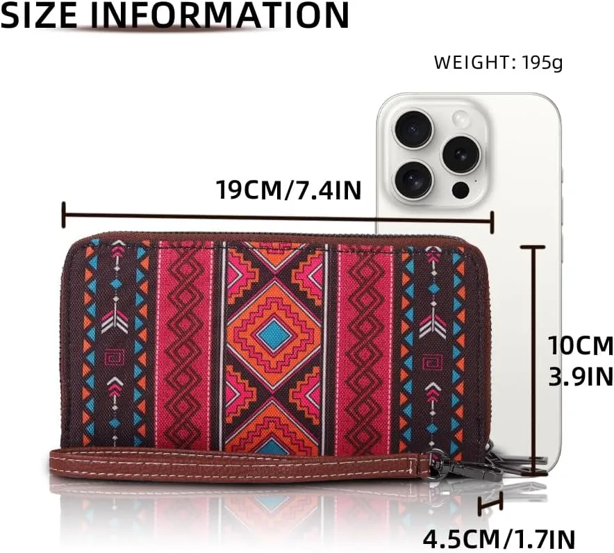 RFID Blocking Bohemian Wallet for Women Retro Double Zipper Wristlet, Coin Purse And Card Holder (Black and Red)