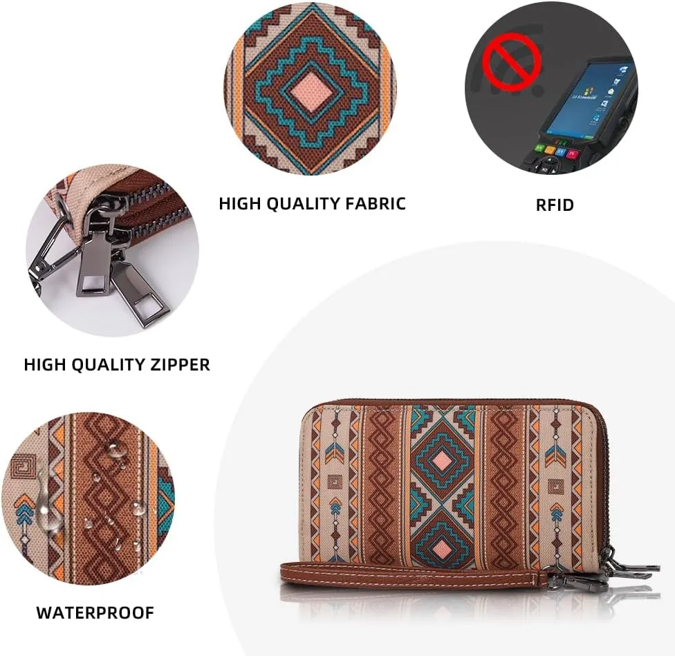 RFID Blocking Bohemian Wallet for Women Retro Double Zipper Wristlet, Coin Purse And Card Holder (Khaki)