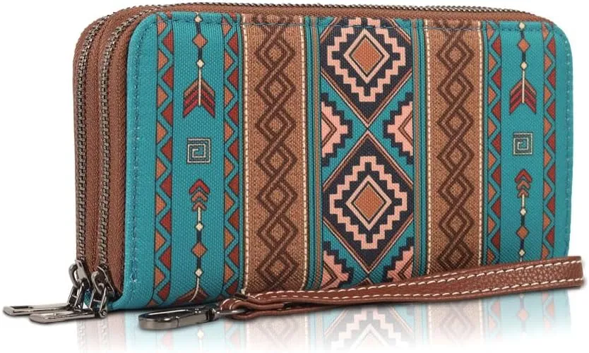 RFID Blocking Bohemian Wallet for Women Retro Double Zipper Wristlet, Coin Purse And Card Holder (Turquoise)