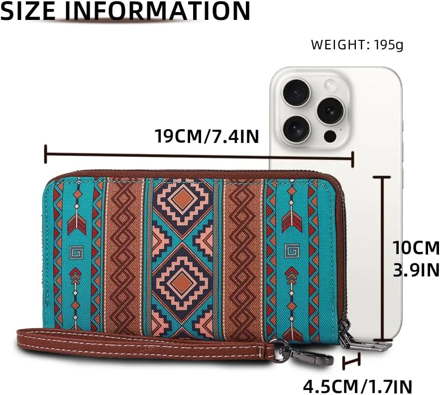 RFID Blocking Bohemian Wallet for Women Retro Double Zipper Wristlet, Coin Purse And Card Holder (Turquoise)