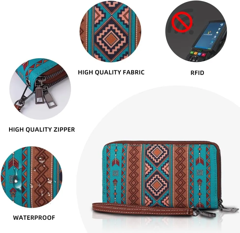 RFID Blocking Bohemian Wallet for Women Retro Double Zipper Wristlet, Coin Purse And Card Holder (Turquoise)