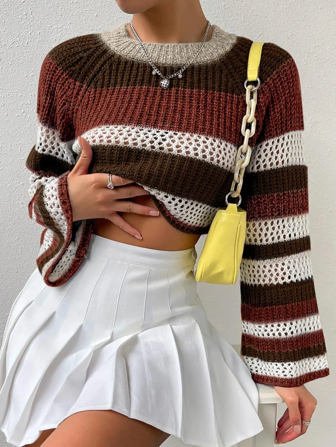SHENHE Women's Crochet Striped Color Block Crewneck Long Sleeve Knit Cropped Sweater Tops