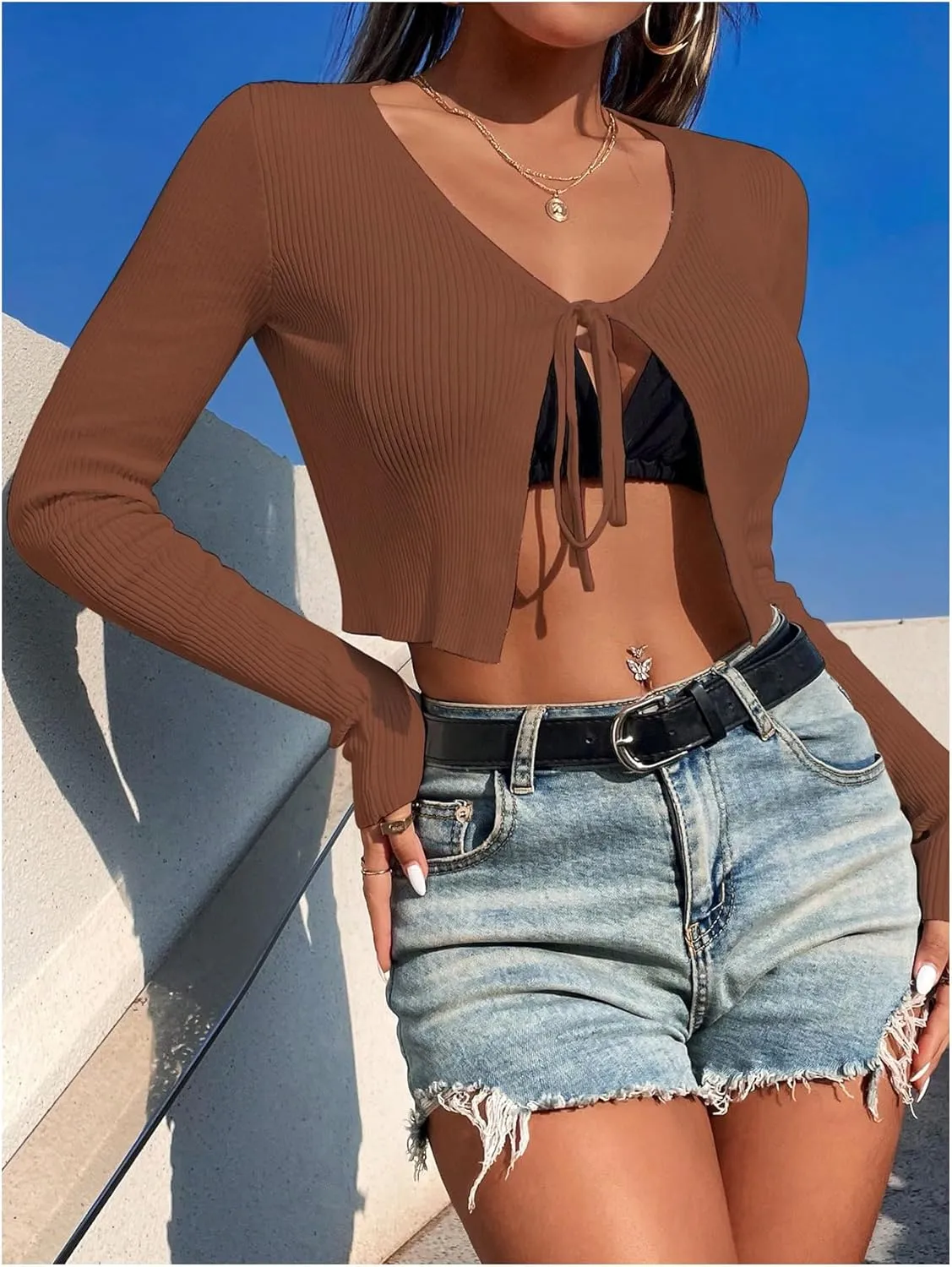 SHENHE Women's V Neck Ribbed Knit Tie Front Cropped Plain Long Sleeve Cardigan Outwear