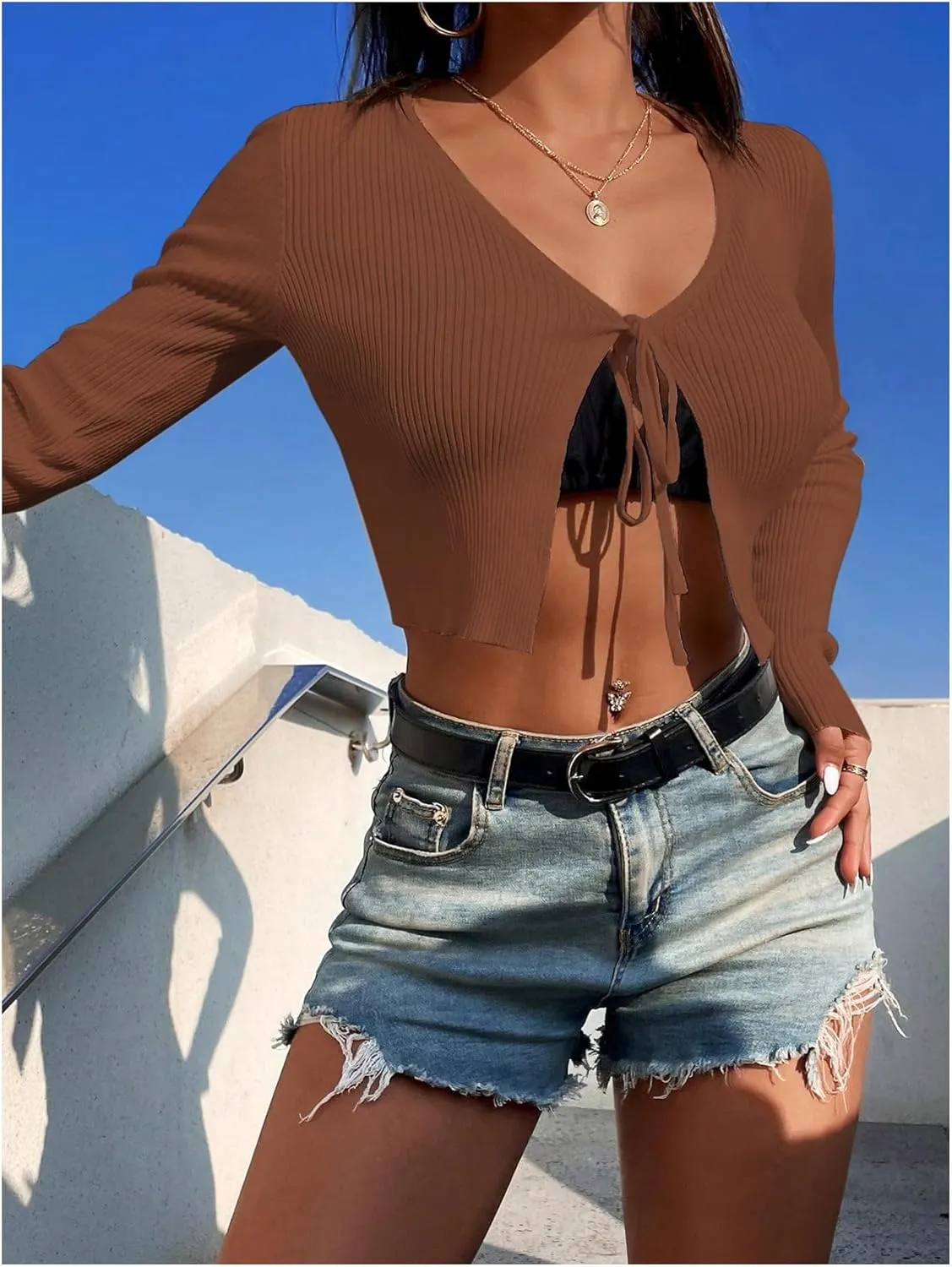SHENHE Women's V Neck Ribbed Knit Tie Front Cropped Plain Long Sleeve Cardigan Outwear