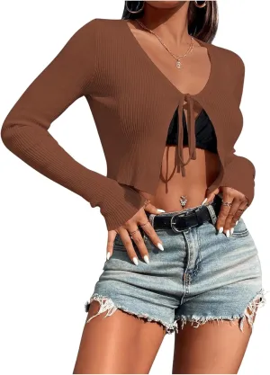SHENHE Women's V Neck Ribbed Knit Tie Front Cropped Plain Long Sleeve Cardigan Outwear
