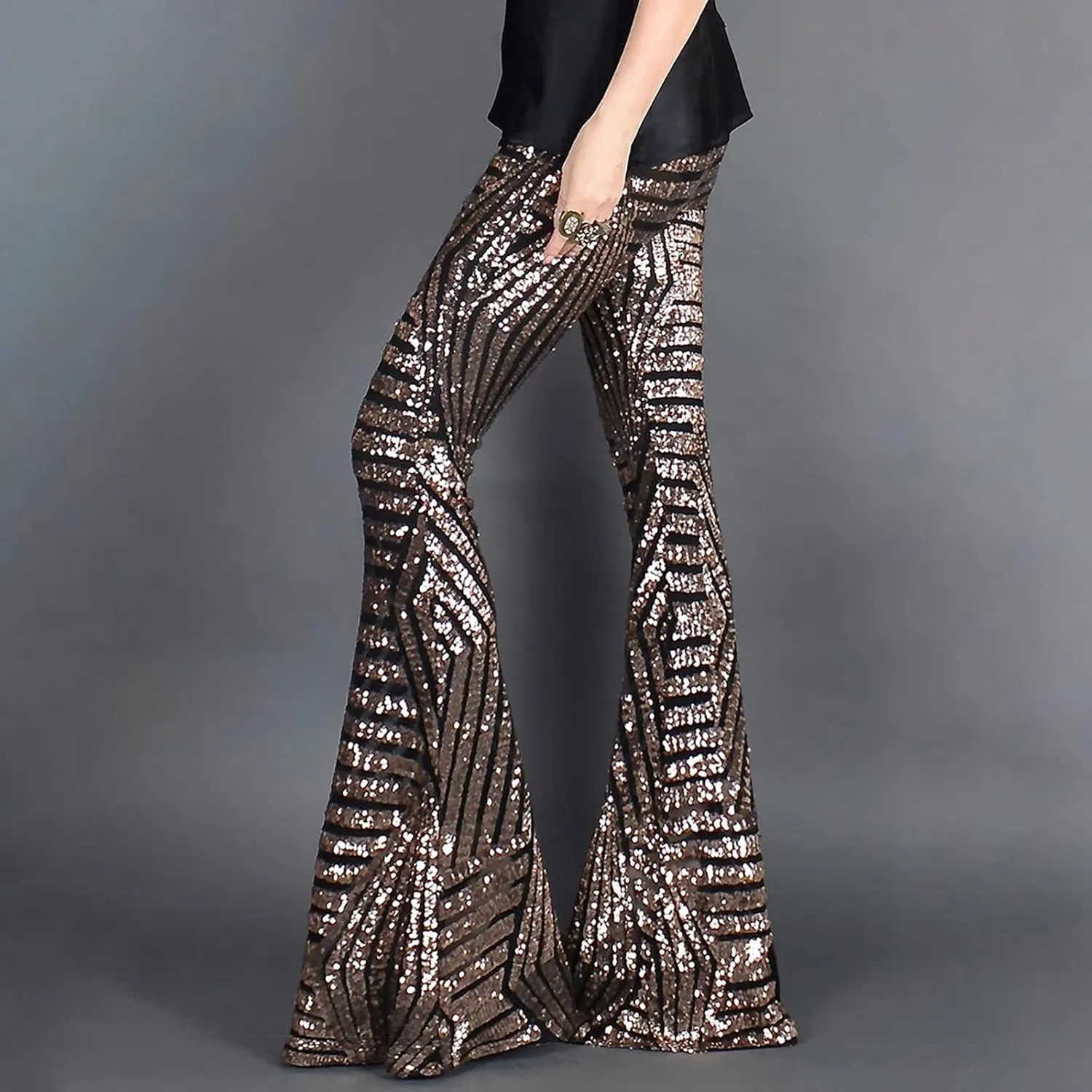 Shiny Metallic Flare Pants for Womens Sexy 70s Sequins Yoga Pants High Waist Bell Bottom Trousers Wide Leg Leggings