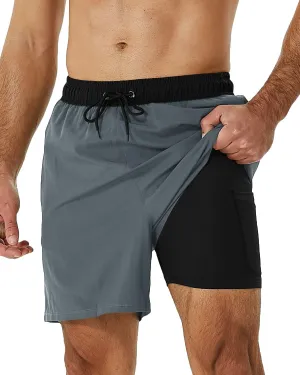 SILKWORLD Mens Swimming Trunks with Compression Liner 2 in 1 Quick-Dry Swim Shorts with Zipper Pockets