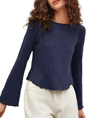 SOFIA'S CHOICE Women's Flare Long Sleeve Crop Top T Shirt Crewneck Lettuce Trim Tops