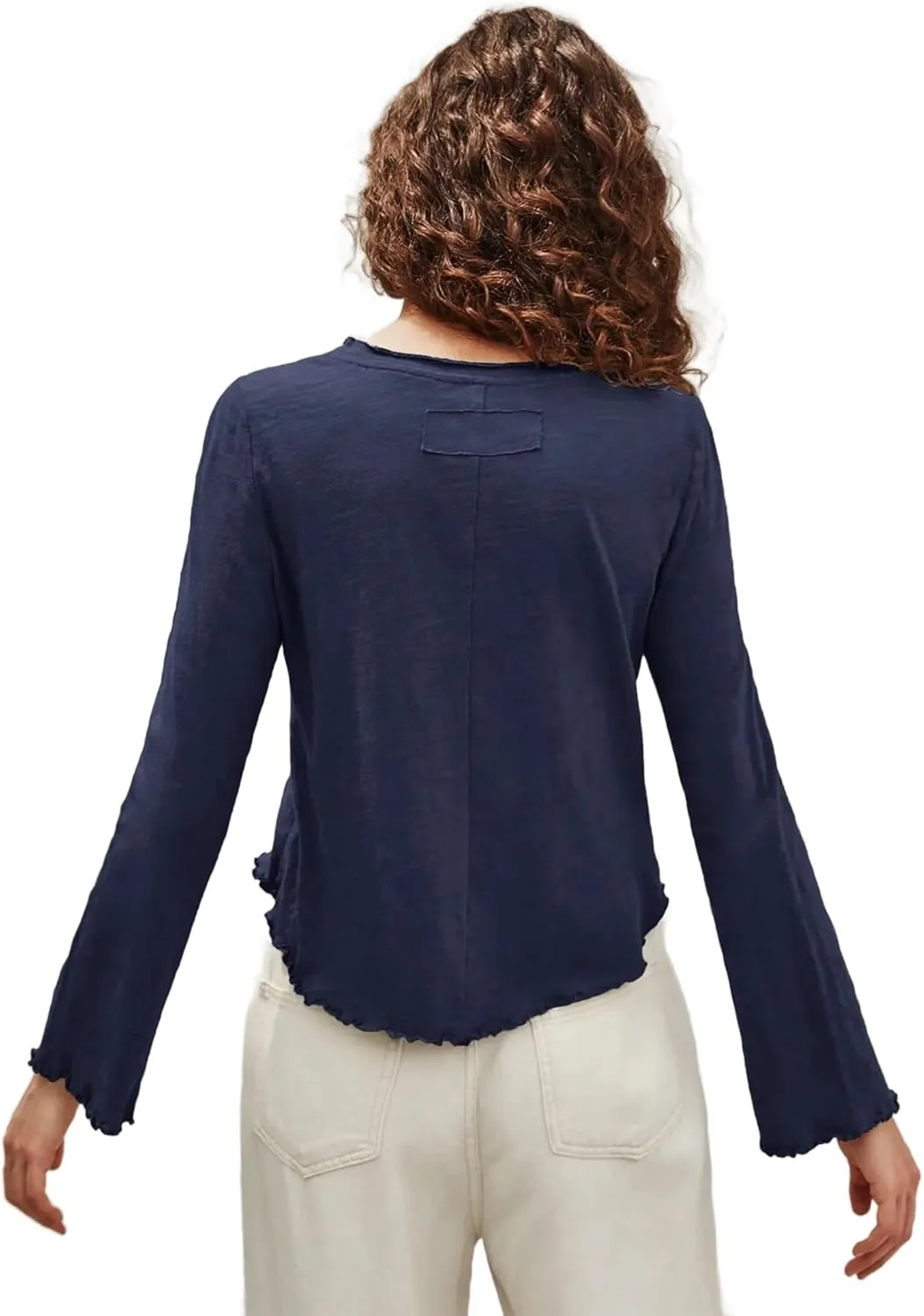 SOFIA'S CHOICE Women's Flare Long Sleeve Crop Top T Shirt Crewneck Lettuce Trim Tops