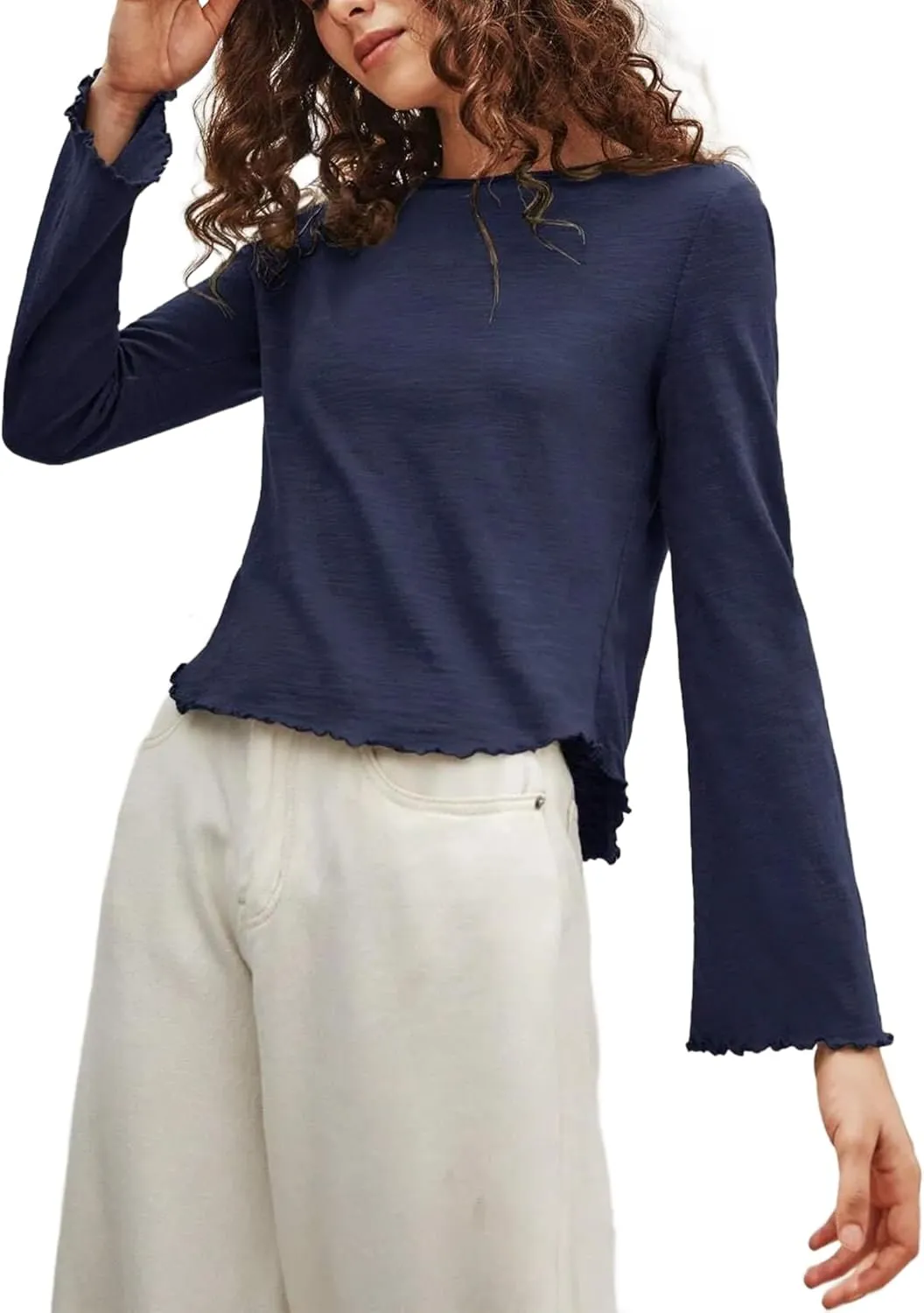 SOFIA'S CHOICE Women's Flare Long Sleeve Crop Top T Shirt Crewneck Lettuce Trim Tops
