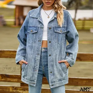Solid Color Casual Loose Vintage Long Sleeve Oversize Denim Female Jacket