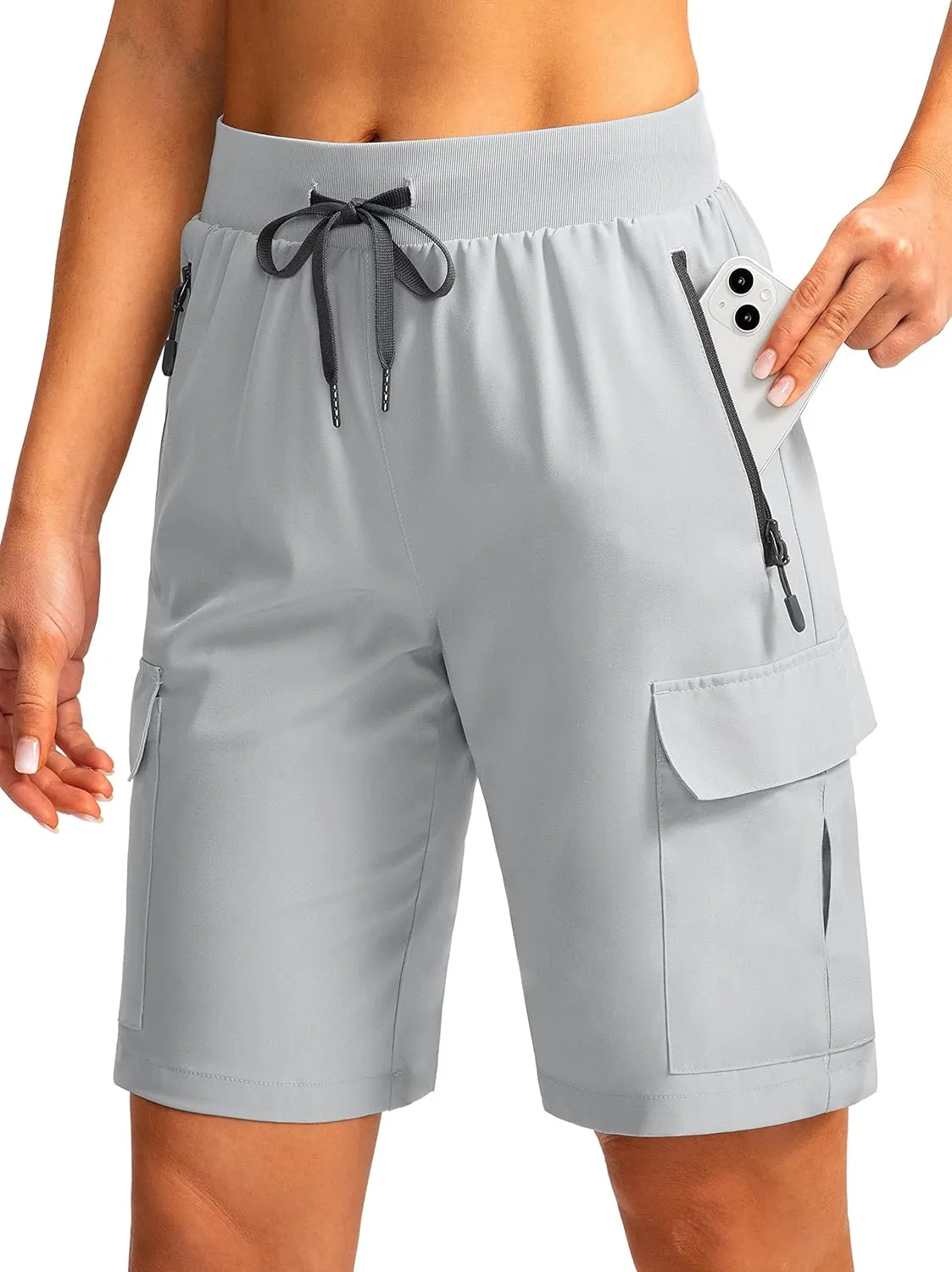 Soothfeel Women's 9" Hiking Cargo Shorts with 5 Pockets Quick Dry Summer Athletic Golf Bermuda Long Shorts for Women Casual