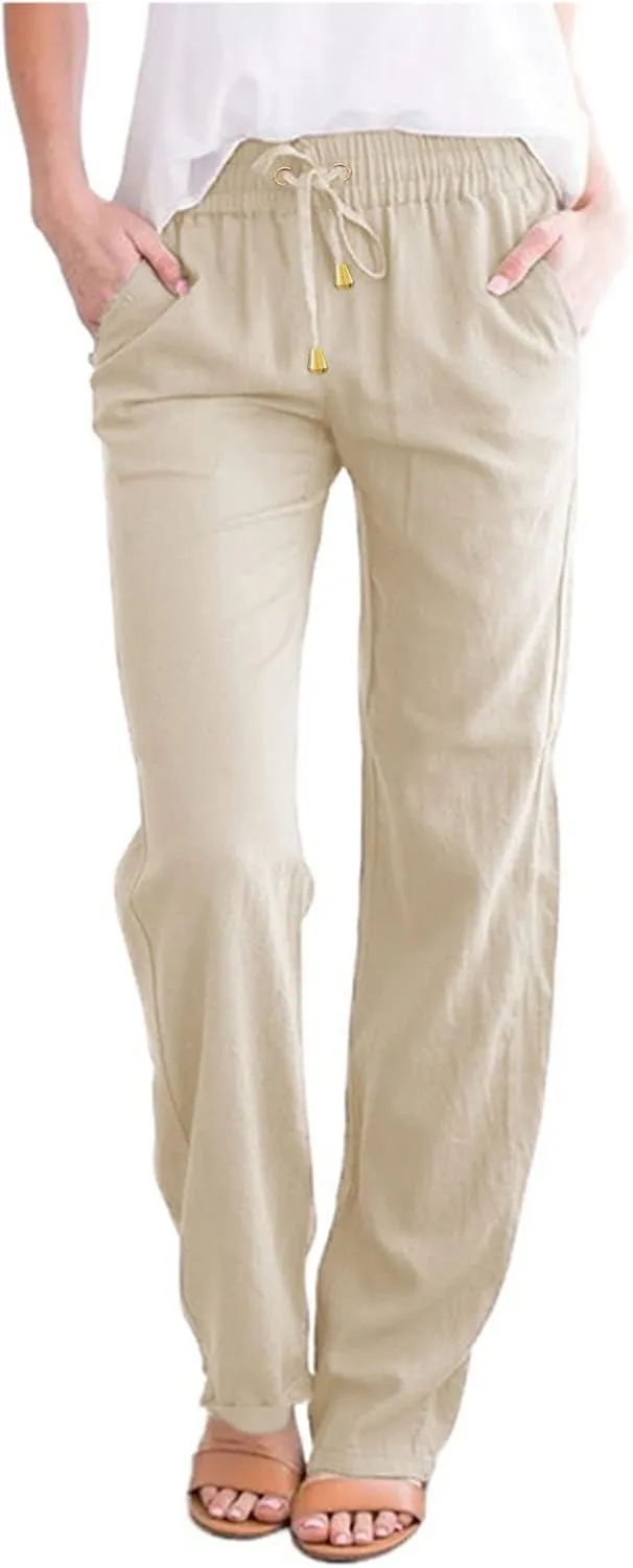 Summer Cotton Linen Pants Women Casual High Waist Loose Fit Beach Pants Drawstring Straight Leg Lounge Trousers with Pockets