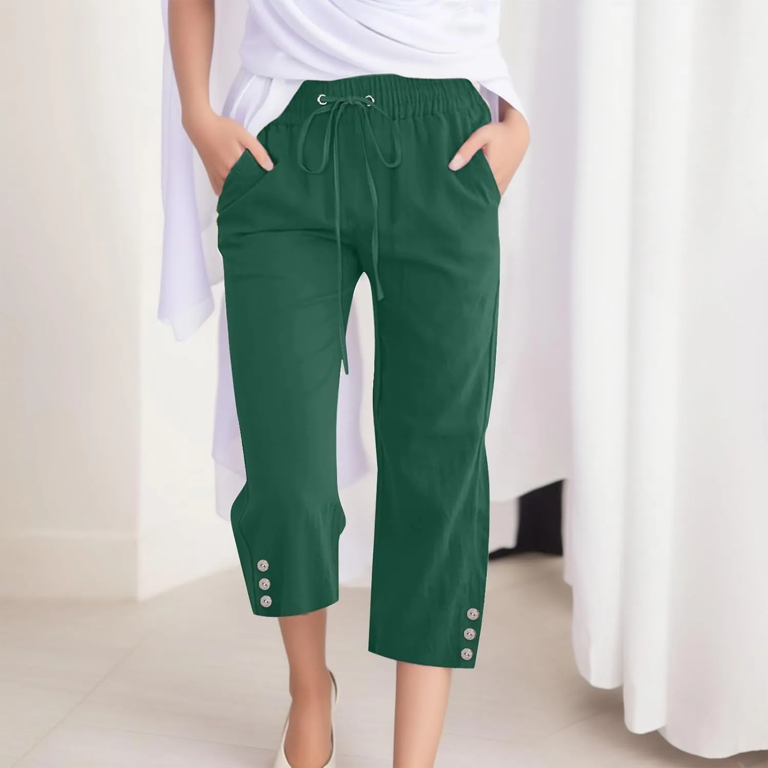 Sunward Capri Linen Pants for Women Wide Leg Casual Cotton Pant Loose Drawstrings High Waist Lounge Trousers with Pocket