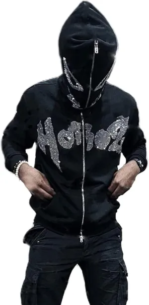 Sunwittafy Y2k Hoodie Men Women Black Rhinestone Zip Up Hoodie Grunge Hooded Oversized Sweatshirt Harajuku Streetwear