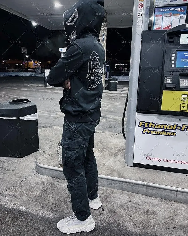 Sunwittafy Y2k Hoodie Men Women Black Rhinestone Zip Up Hoodie Grunge Hooded Oversized Sweatshirt Harajuku Streetwear