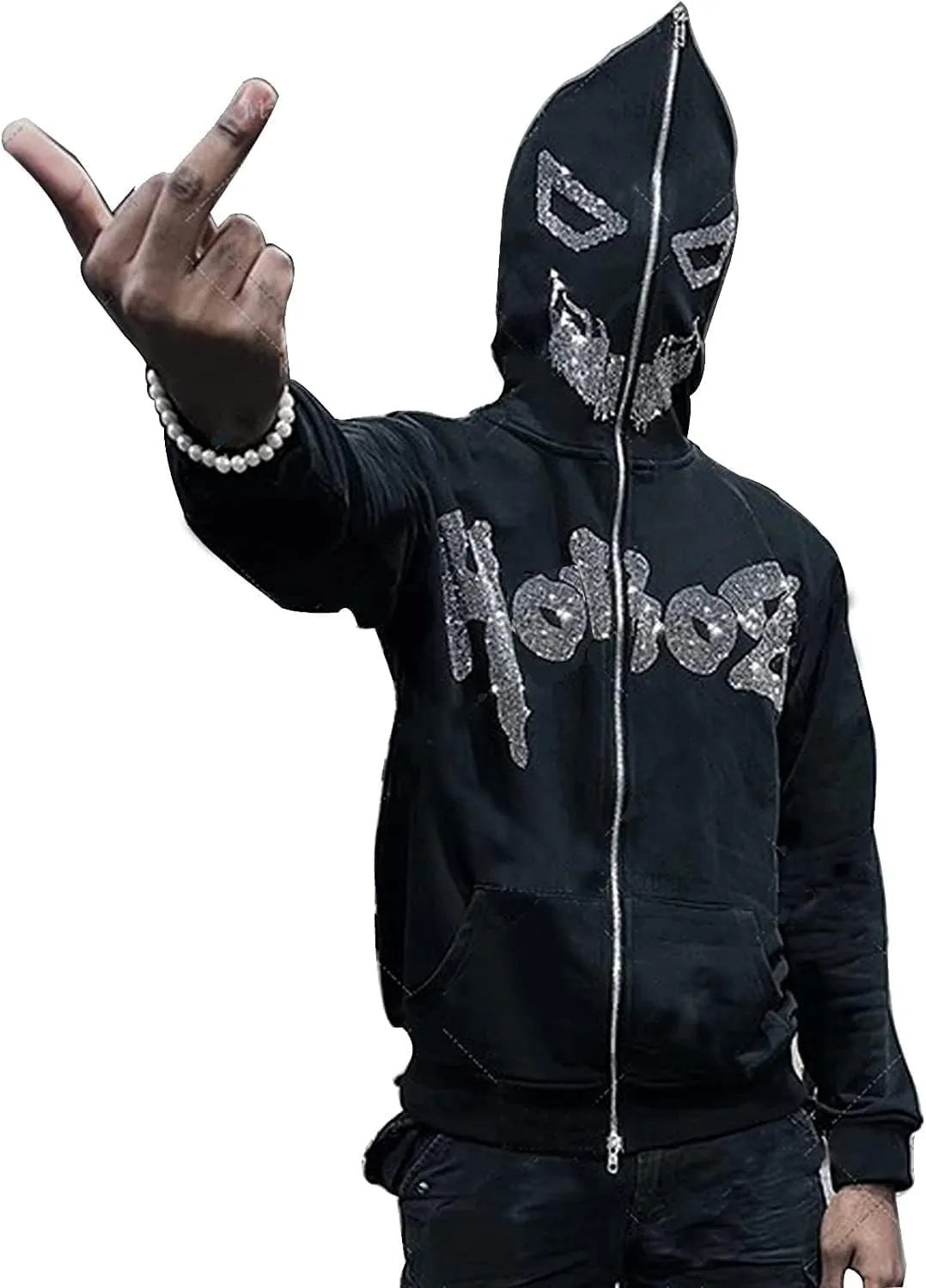 Sunwittafy Y2k Hoodie Men Women Black Rhinestone Zip Up Hoodie Grunge Hooded Oversized Sweatshirt Harajuku Streetwear