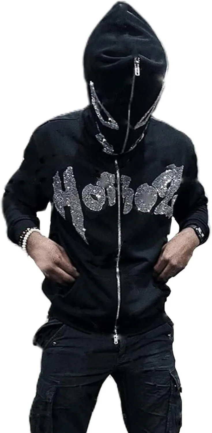 Sunwittafy Y2k Hoodie Men Women Black Rhinestone Zip Up Hoodie Grunge Hooded Oversized Sweatshirt Harajuku Streetwear
