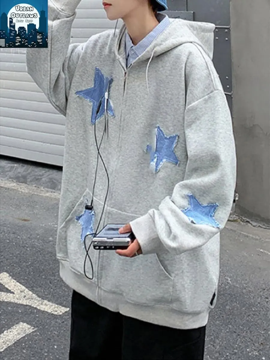 Sunwittafy Y2k Hoodie Men Women Star Zip Up Hoodie Letter Print Harajuku Oversized Sweatshirt Grunge Jacket Streetwear