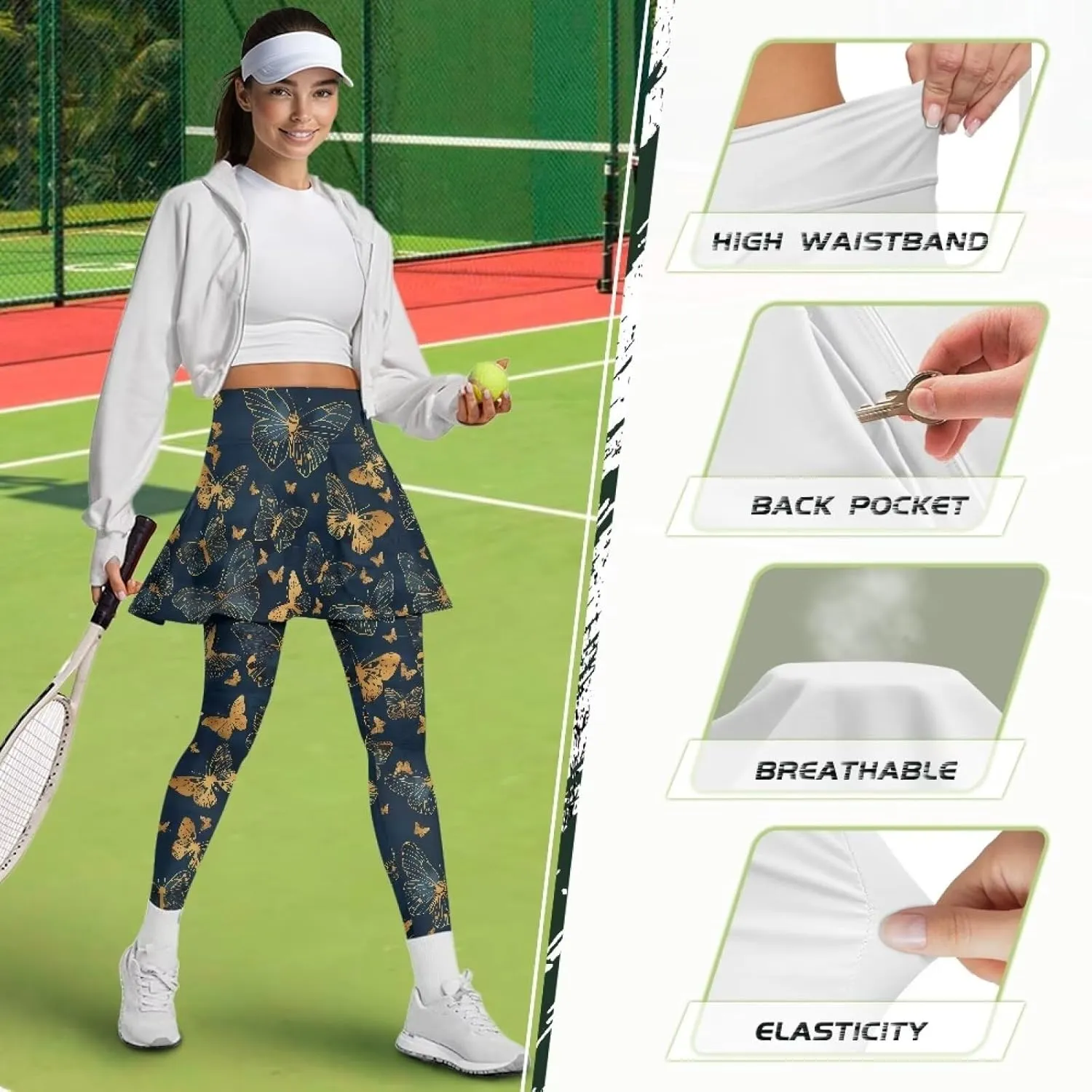 Suobstales Skirted Leggings with Pockets, High Waisted Tennis Yoga Pleated Skirt with Capris Leggings for Women Ladies