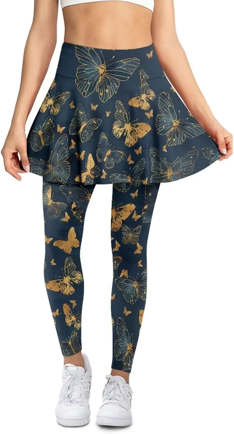 Suobstales Skirted Leggings with Pockets, High Waisted Tennis Yoga Pleated Skirt with Capris Leggings for Women Ladies