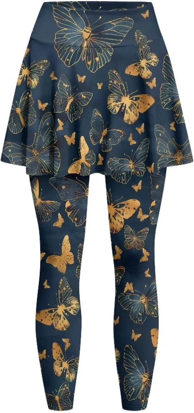 Suobstales Skirted Leggings with Pockets, High Waisted Tennis Yoga Pleated Skirt with Capris Leggings for Women Ladies
