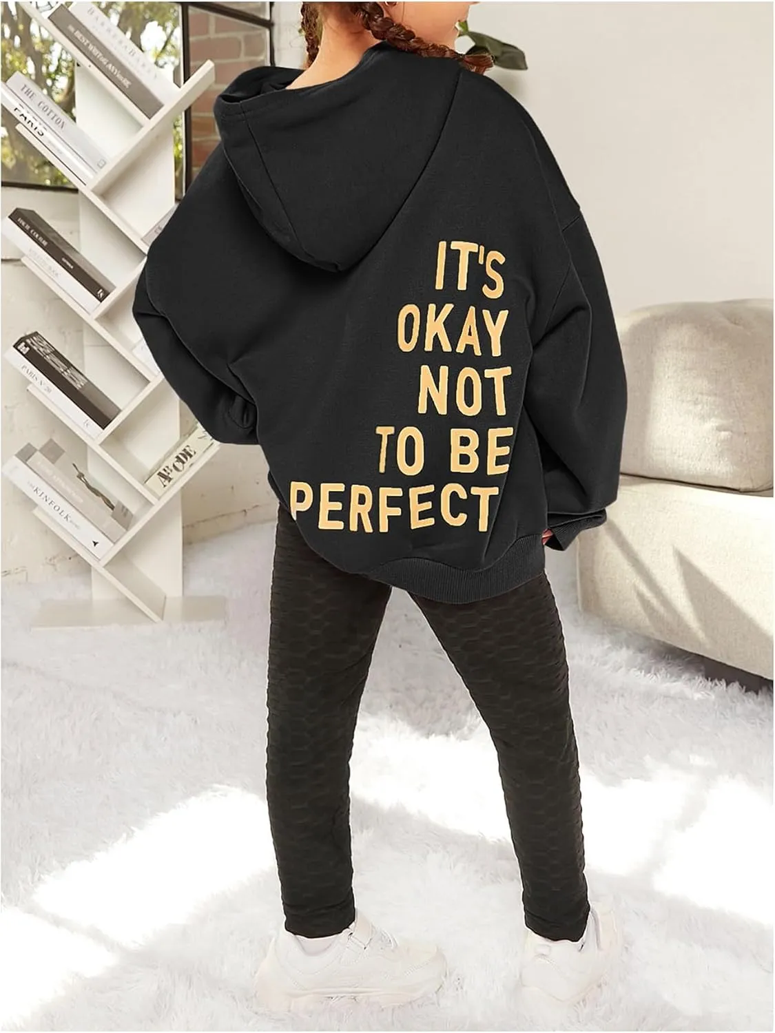 SweatyRocks Girl's Letter Print Hooded Sweatshirt Long Sleeve Oversized Pullover Tops