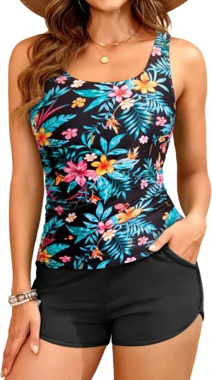 Tankini Swimsuits with Shorts - Two Piece Swimsuits Tummy Control Bathing Suits with Pockets