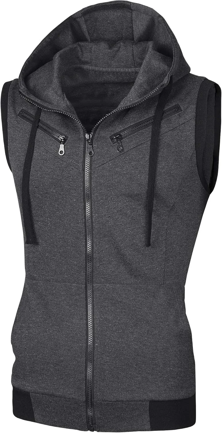 uxcell Men's Sleeveless Slim Fit Hoodie Vest Zipper Drawstring Gilet Jacket with Pockets