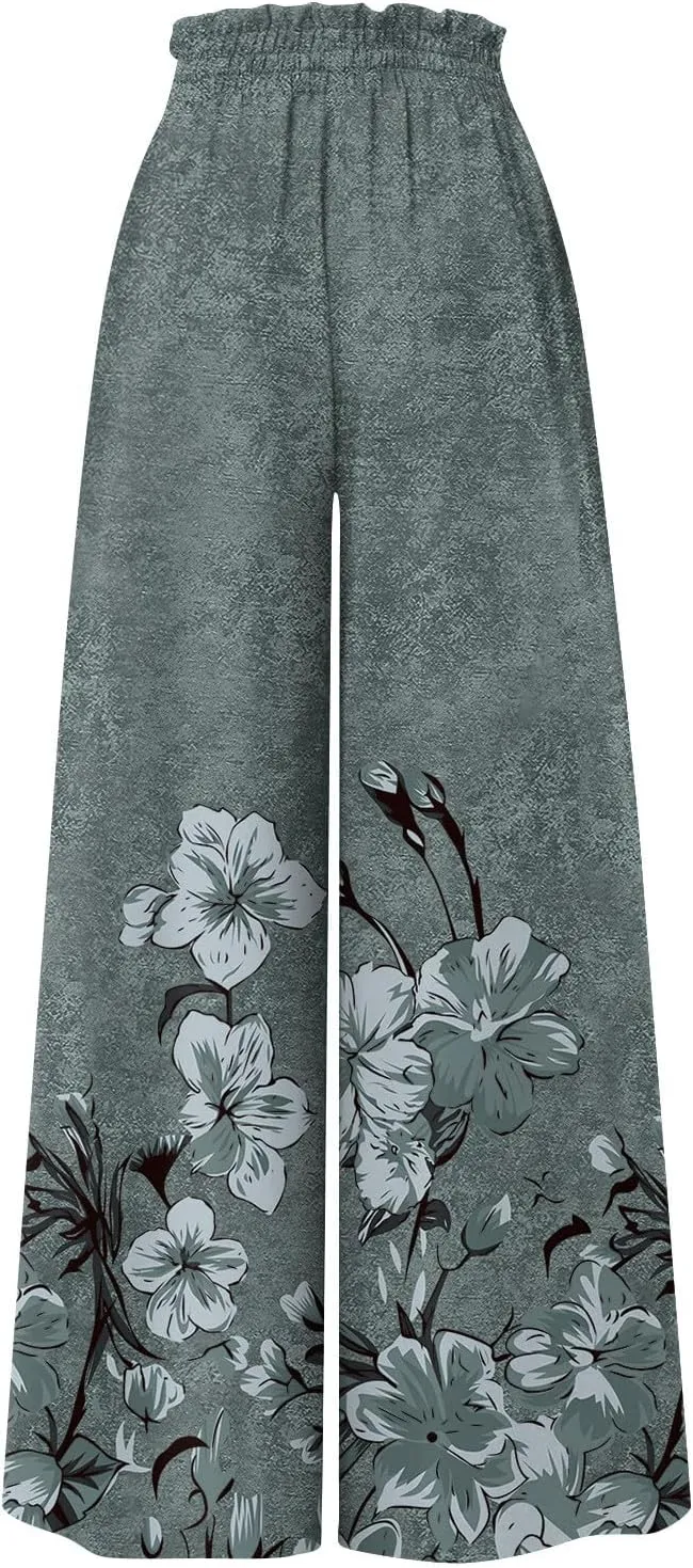 Wide Leg Pants Woman Summer Boho Palazzo Pants Drawstring Elastic High Waist Floral Print Pocket Beach Lounge Pants