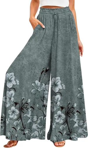 Wide Leg Pants Woman Summer Boho Palazzo Pants Drawstring Elastic High Waist Floral Print Pocket Beach Lounge Pants