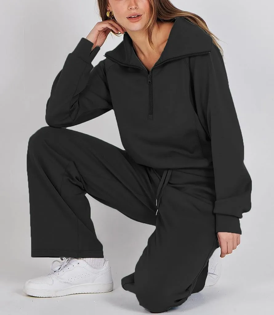 Women 2 Piece Outfits Sweatsuit Set Oversized Half Zip Sweatshirt Wide Leg Sweatpant Lounge Matching Set Tracksuit