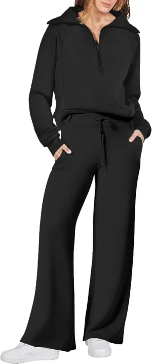 Women 2 Piece Outfits Sweatsuit Set Oversized Half Zip Sweatshirt Wide Leg Sweatpant Lounge Matching Set Tracksuit
