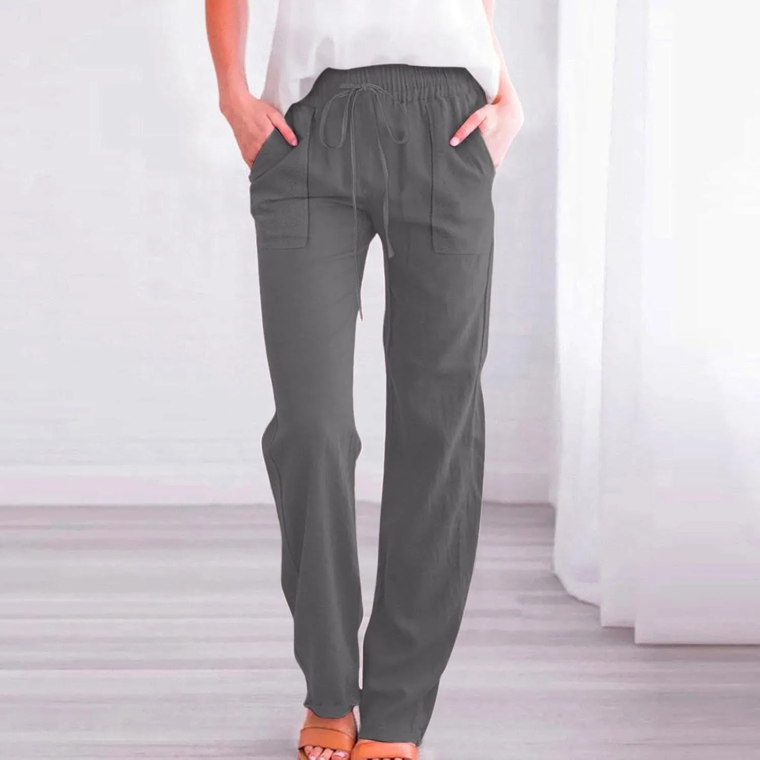 Women Cotton Linen Pants Casual Summer High Waist Drawstring Straight Leg Trousers Relax Fit Lightweight Sport Pants