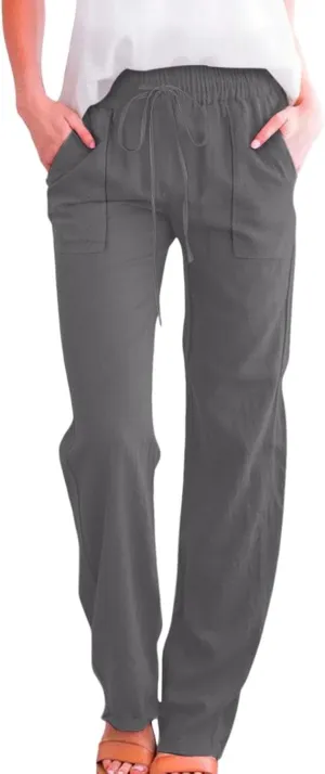 Women Cotton Linen Pants Casual Summer High Waist Drawstring Straight Leg Trousers Relax Fit Lightweight Sport Pants