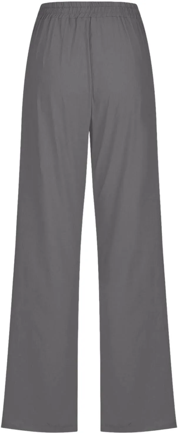 Women Cotton Linen Pants Casual Summer High Waist Drawstring Straight Leg Trousers Relax Fit Lightweight Sport Pants