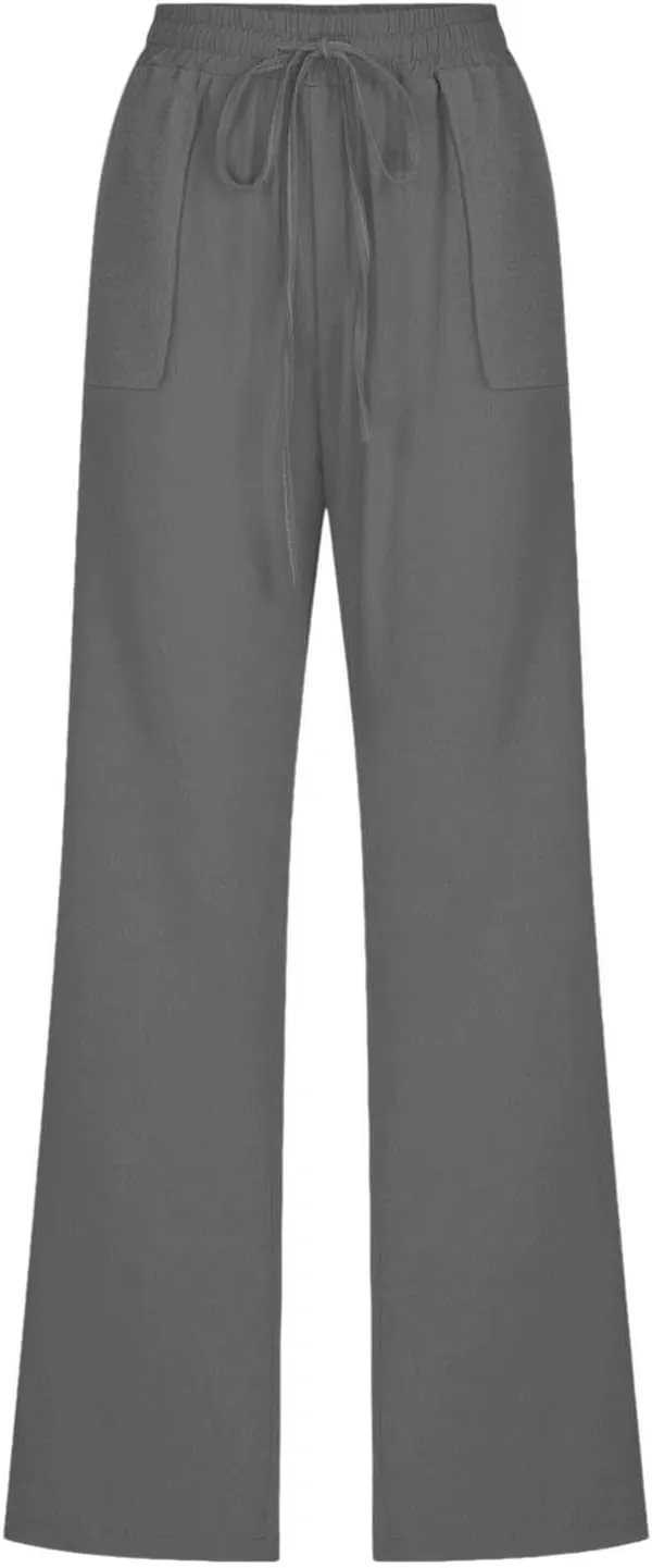 Women Cotton Linen Pants Casual Summer High Waist Drawstring Straight Leg Trousers Relax Fit Lightweight Sport Pants