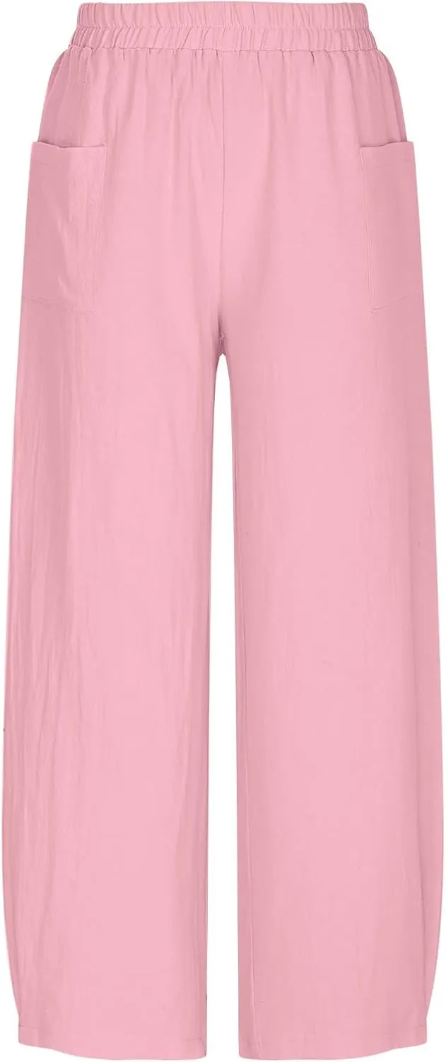 Women Cotton Linen Pants Patch Pocket Tapered Leg Elastic Waist Long Pant Casual Beach Trousers Solid Color Work Pant