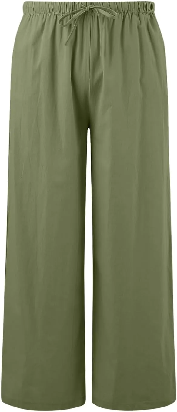 Women Cotton Linen Summer Tie Knot Palazzo Pants Elastic Waist Wide Leg Slim Fit Trouser Trendy