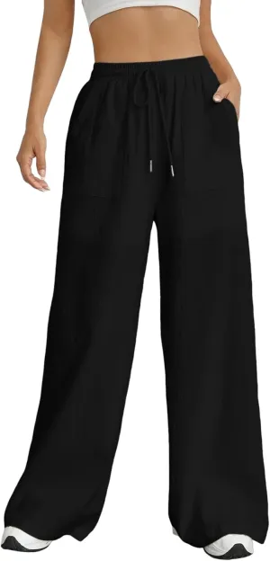 Women Fashion Casual High Waist Wide Leg Pants Drawstring Elastic Trousers Comfy Long Pants with Pockets