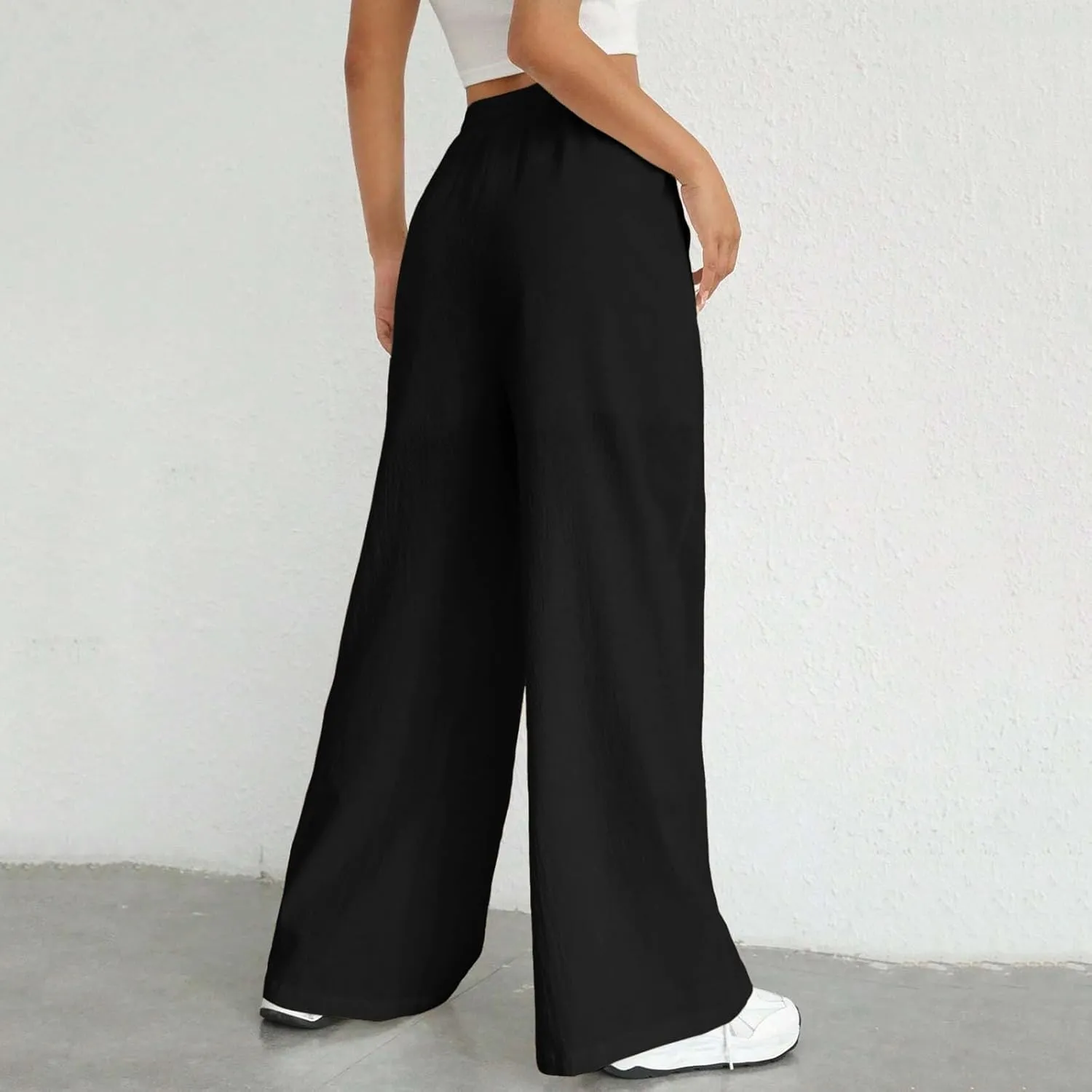 Women Fashion Casual High Waist Wide Leg Pants Drawstring Elastic Trousers Comfy Long Pants with Pockets