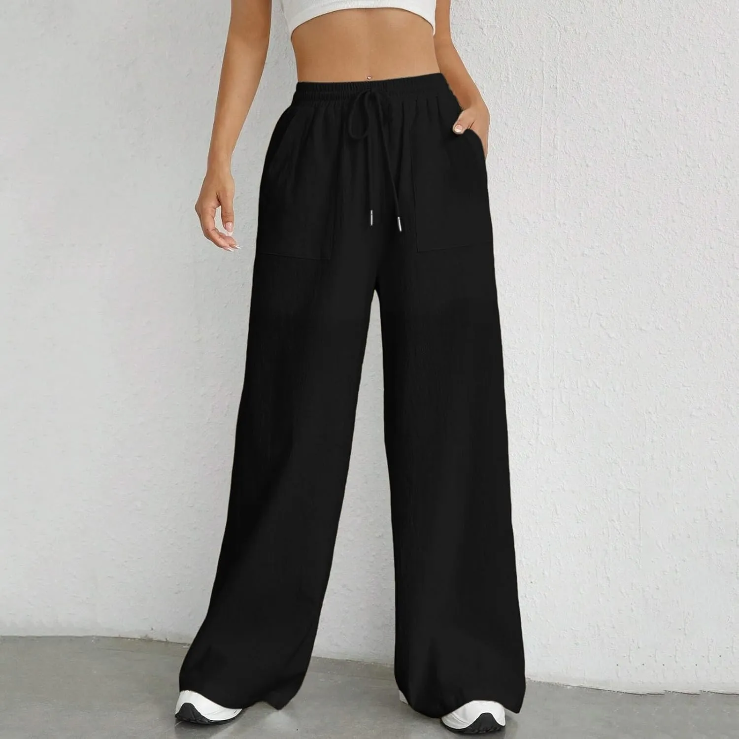 Women Fashion Casual High Waist Wide Leg Pants Drawstring Elastic Trousers Comfy Long Pants with Pockets