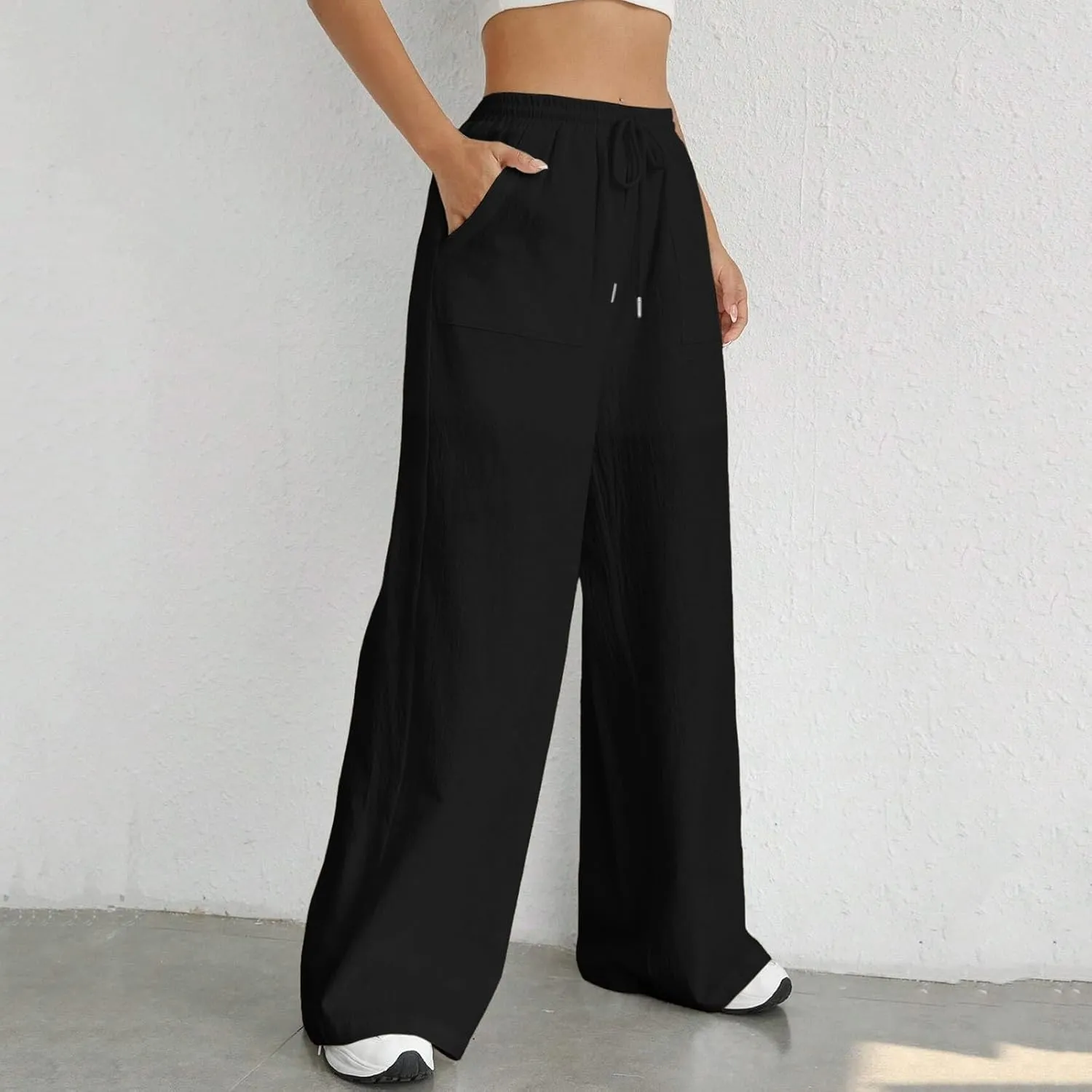 Women Fashion Casual High Waist Wide Leg Pants Drawstring Elastic Trousers Comfy Long Pants with Pockets