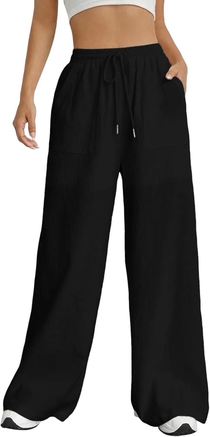 Women Fashion Casual High Waist Wide Leg Pants Drawstring Elastic Trousers Comfy Long Pants with Pockets
