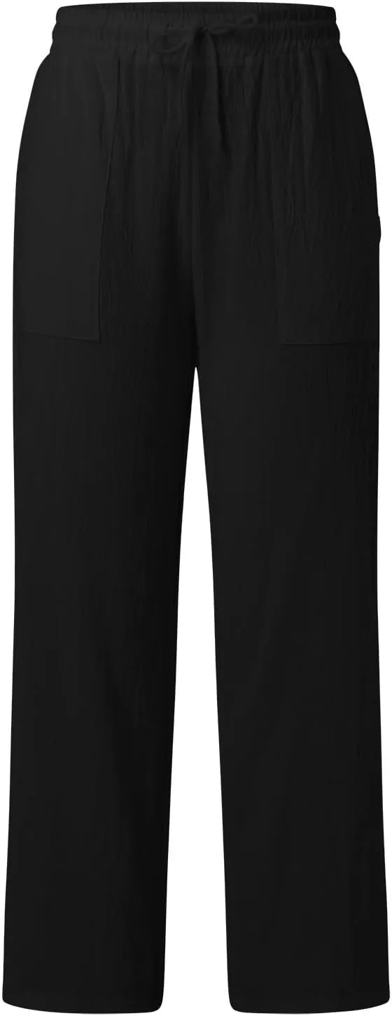 Women Fashion Casual High Waist Wide Leg Pants Drawstring Elastic Trousers Comfy Long Pants with Pockets