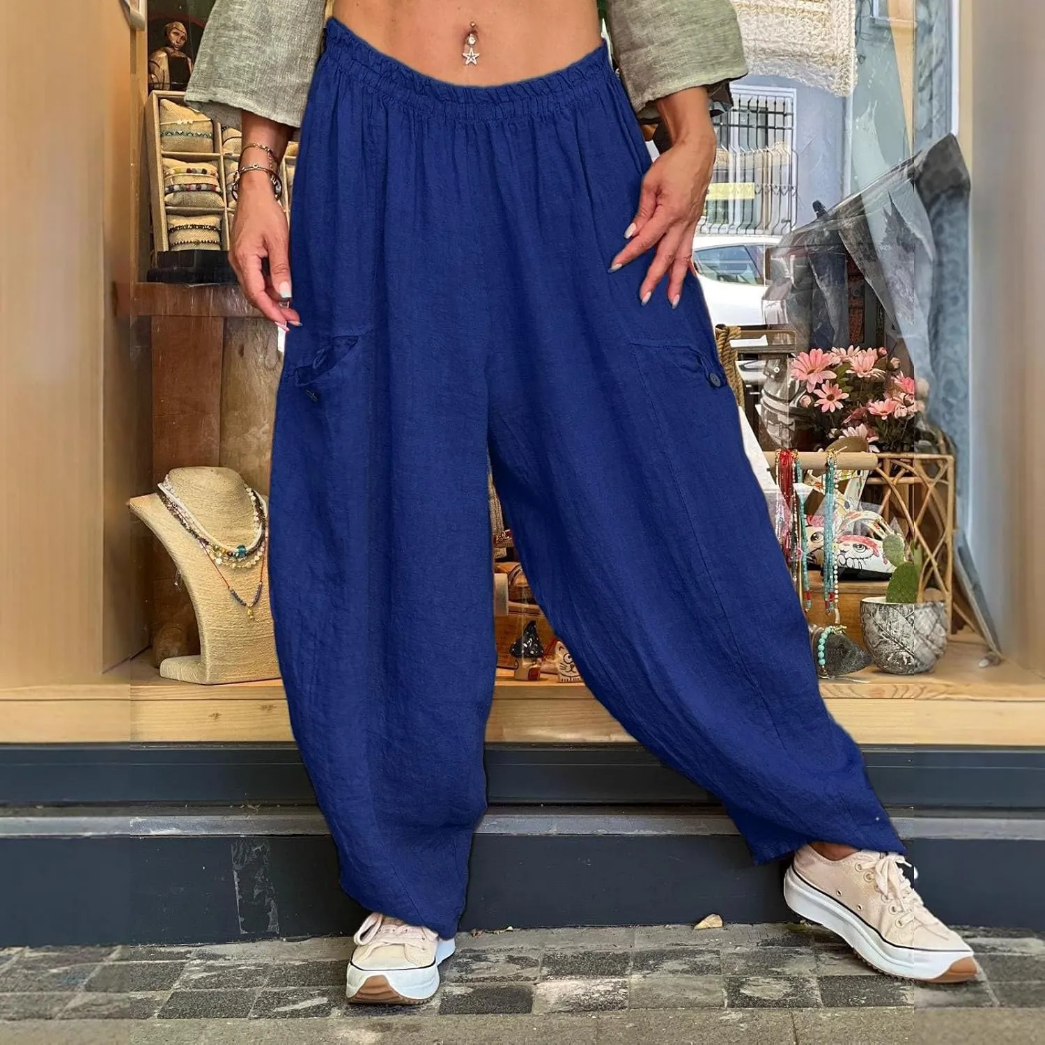 Women Fashion Solid High Waist Baggy Lantern Pants Casual Loose Fit Trousers Summer Trendy Pants with Pocket Outfits