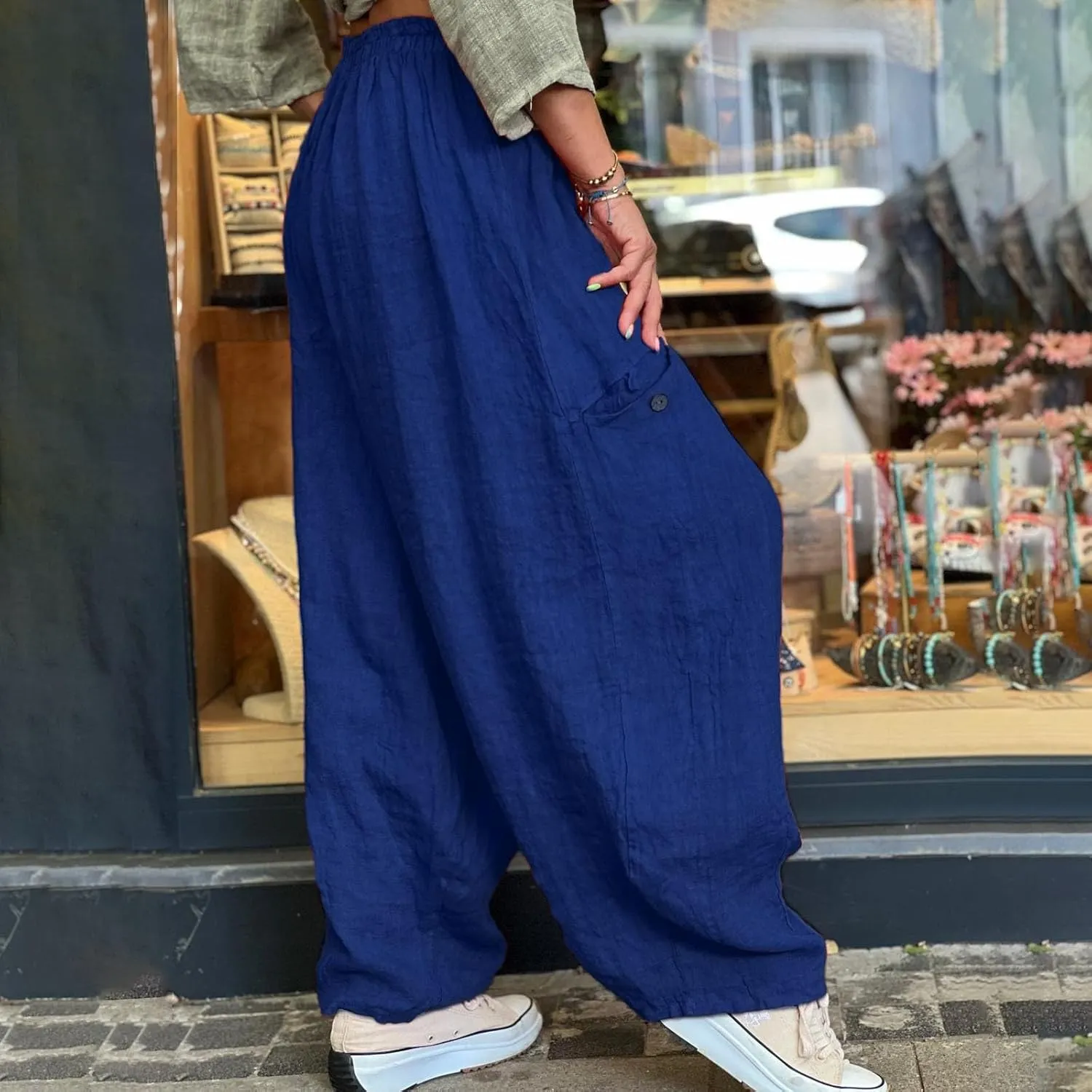 Women Fashion Solid High Waist Baggy Lantern Pants Casual Loose Fit Trousers Summer Trendy Pants with Pocket Outfits