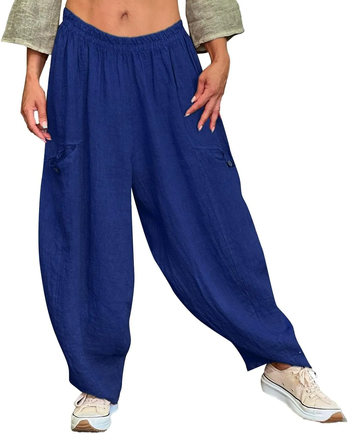 Women Fashion Solid High Waist Baggy Lantern Pants Casual Loose Fit Trousers Summer Trendy Pants with Pocket Outfits