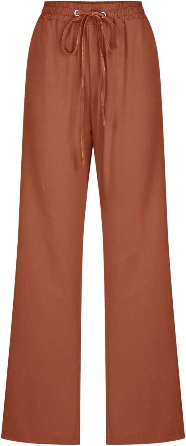 Women Linen Blend Summer Baggy Palazzo Lounge Pants Low Waist Ankle Length Slim-Fit Palazzo Lounge Pants Office