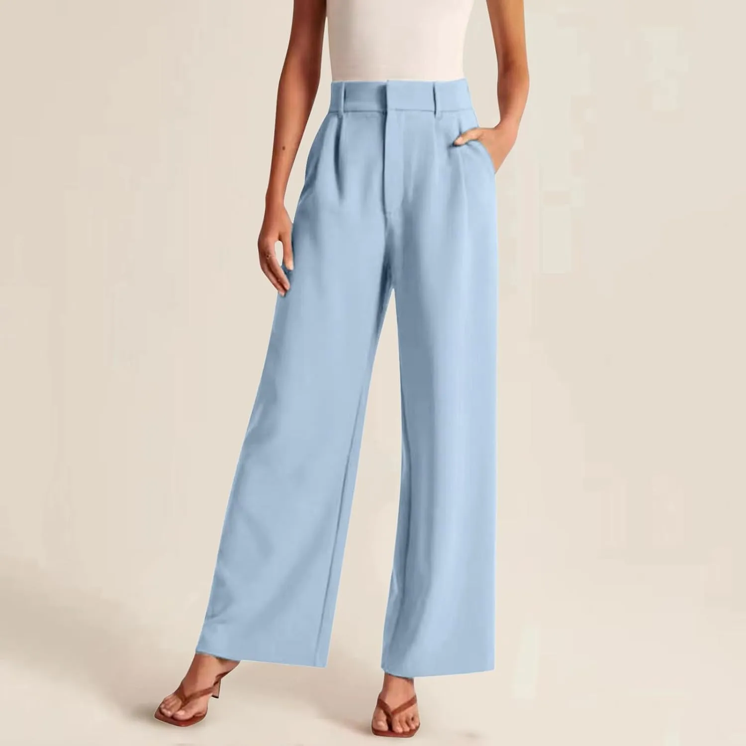 Women Linen Blend Summer Baggy Palazzo Lounge Pants Low Waist Ankle Length Slim-Fit Palazzo Lounge Pants Office